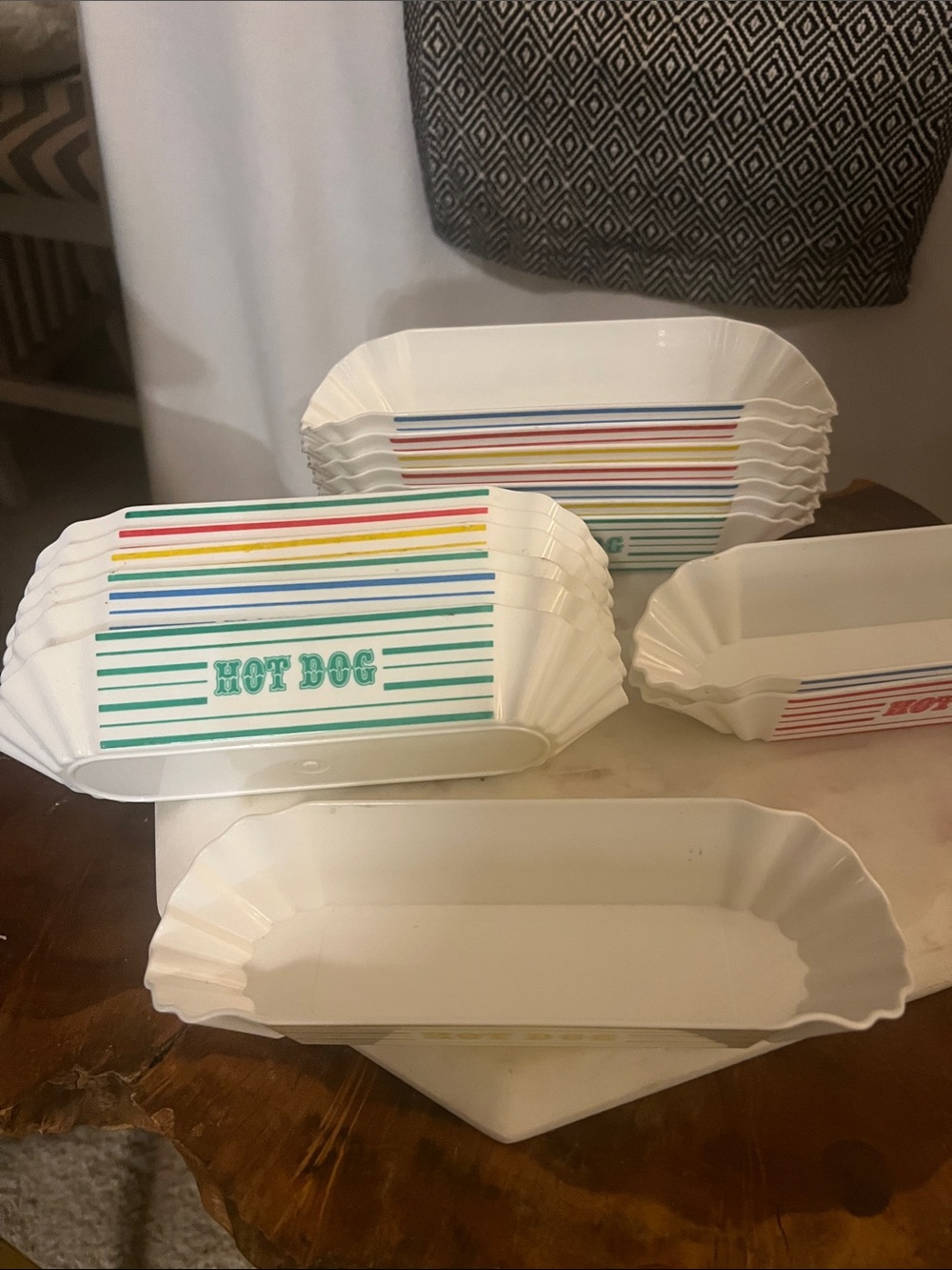 White Hot Dog Paper Trays with Multicolor Stripe Design
